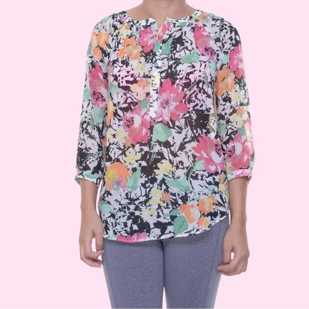 Lauren Ralph Lauren Pink & Green Abstract Floral Print Split Neck Blouse Size S